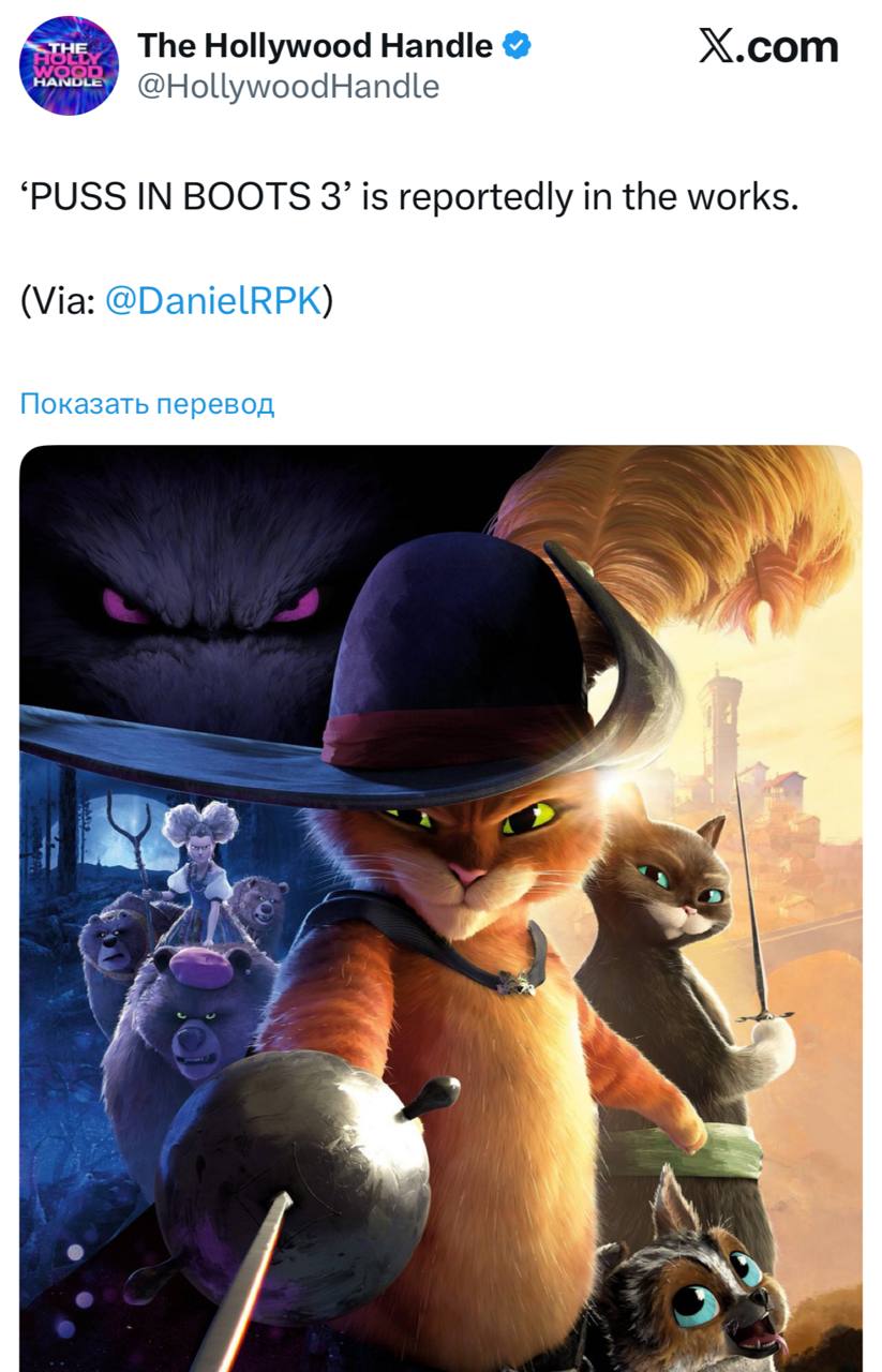 Кот в сапогах 3 уже в разработке сообщает авторитетный инсайдер Даниель Рихтман Подробностей сюжета даты и официального анонса пока нет Вторая часть получила номинацию на Оскара в категории Лучший анимационный фильм а также была номинирована на премии Золотой глобус Выбор критиков и BAFTA Илон Маск