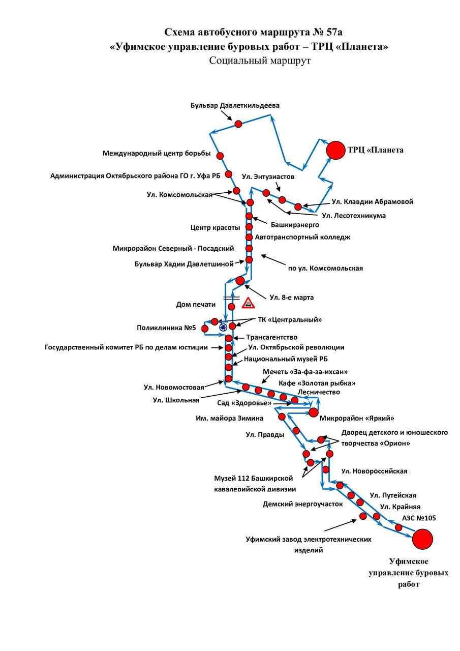 В Уфе с 5 мая изменится маршрут автобуса №57А С 5 мая 2025 года в Уфе изменится схема движения автобусного маршрута №57А «Уфимское управление буровых работ – Больница №21». Информацию об этом опубликовали в официальном телеграм-канале «Башавтотранса». После остановки «Центральный рынок» автобус будет следовать по улицам 8 Марта, Комсомольской, Российской, Лесотехникума, Менделеева, Планеты, объезжать Дворец борьбы, и возвращаться на ул. Российскую, Комсомольскую, 8 Марта и к Центральному рынку. После чего продолжит движение по своему обычному маршруту. Пассажиров просят учитывать эту информацию при планировании поездок.