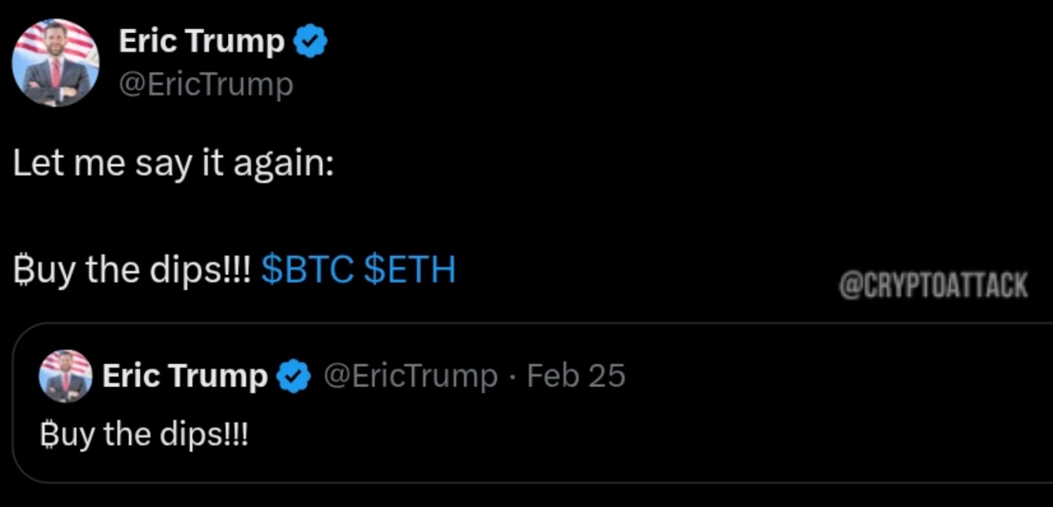 Эрик Трамп снова рекомендует покупать #BTC и #ETH на падении