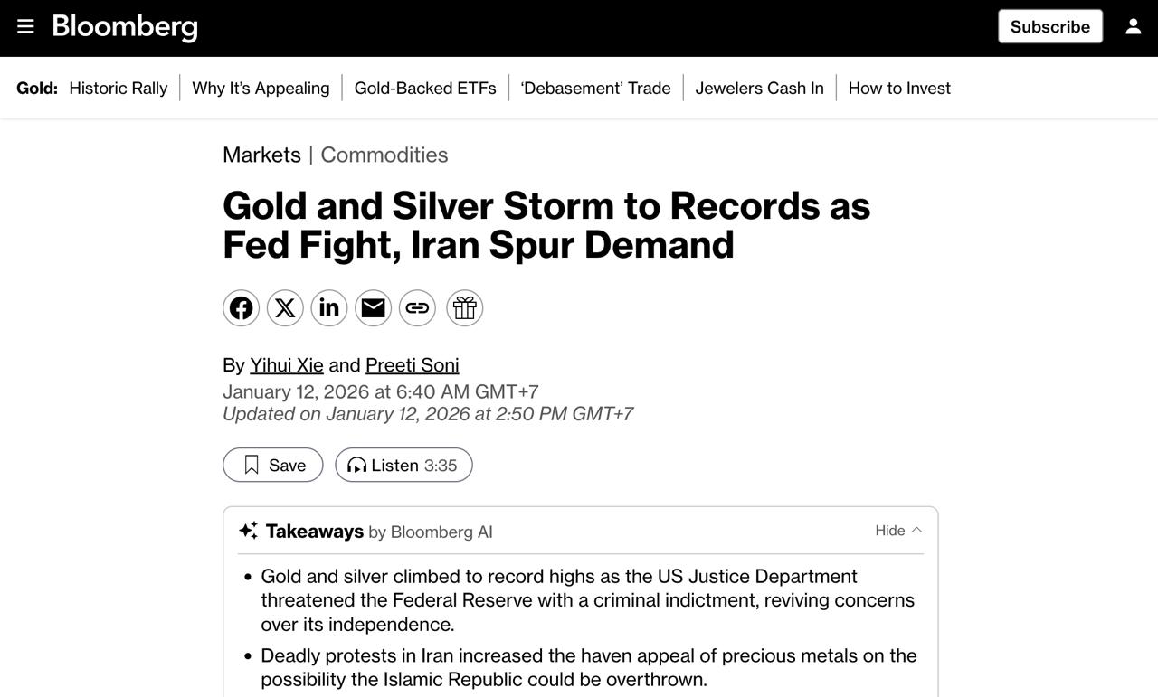 Золото и серебро на мировом рынке пробили новые максимумы на фоне геополитических событий Цена на золото подскочила выше 4600 за унцию а серебро приблизилось к 85 за унцию в понедельник Это произошло на фоне давления администрации Трампа на ФРС из за процентных ставок Поддерживает спрос на драгметаллы и геополитическая нестабильность Протесты в Иране а также высказывания Трампа о возможных действиях в отношении страны возможный захват Гренландии США и захват Мадуро в Венесуэле усиливают спрос на активы убежища Bloomberg finlock