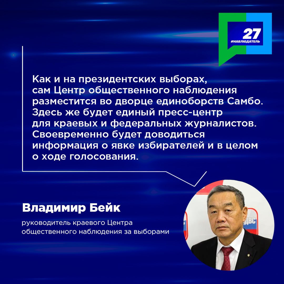 В Хабаровском крае запущен телеграм-канал «Наблюдатель 27»  5 сентября в регионе начал работу телеграм-канал «Наблюдатель 27». Ресурс объединит информацию о проведении выборов в регионе, в том числе – о работе наблюдателей. Цель проекта Центра общественного наблюдения – предоставлять достоверную, объективную и актуальную информацию обо всех этапах избирательного процесса.       -канал можно по ссылке.   С 6 по 8 сентября в регионе пройдут 43 избирательные кампании различного уровня. Для прозрачности избирательного процесса в Хабаровском крае на выборах будет работать более 2 тысяч наблюдателей, подготовленных Общественной палатой региона.