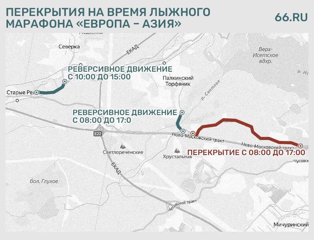 Московский тракт перекроют на время лыжного марафона «Европа — Азия»  Соревнования проходят 22 и 23 февраля. Сегодня участники бегут детскую и короткую дистанцию, а также полумарафон. Завтра пройдет забег на 50 км.   Для него в воскресенье с 8:00 до 17:00 полностью перекроют участок Ново-Московского тракта — от Объездной дороги со стороны «Меги» до поворота на коттеджный поселок Карасьозерский. Сохраните карту, чтобы не забыть.    Новости из Екатеринбурга