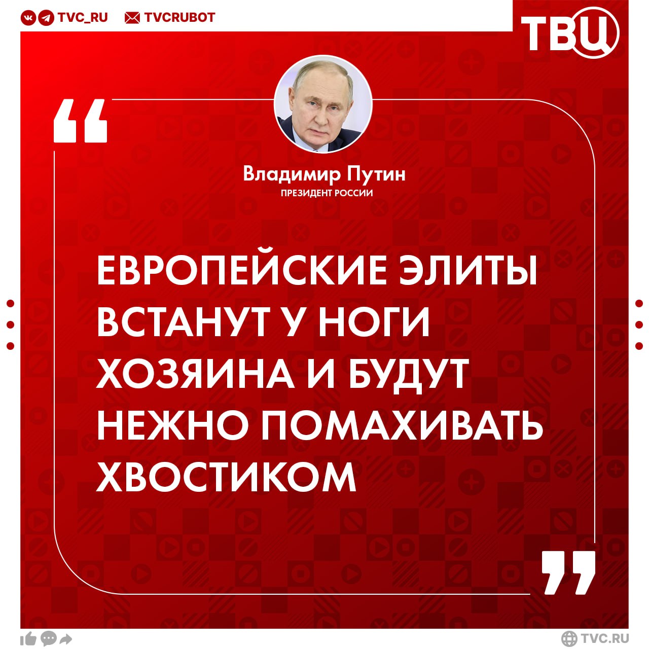 Скоро европейские элиты встанут у ноги Трампа и будут нежно помахивать хвостиком, заявил Владимир Путин  Он добавил, что среди политиков Европы нет равных Шираку и Шрёдеру, там люди без образования, занимающиеся не своим делом. Другие заявления президента РФ в интервью Павлу Зарубину:    Сегодняшнее немецкое общество не имеет отношения к преступлениям нацистов;   «Политическая мелюзга» в Европе пытается запрещать альтернативные мейнстриму партии, вместо того чтобы предложить привлекательную программу;   У европейских лидеров прошлого было мужество бороться за собственное мнение, сегодня таких людей нет.