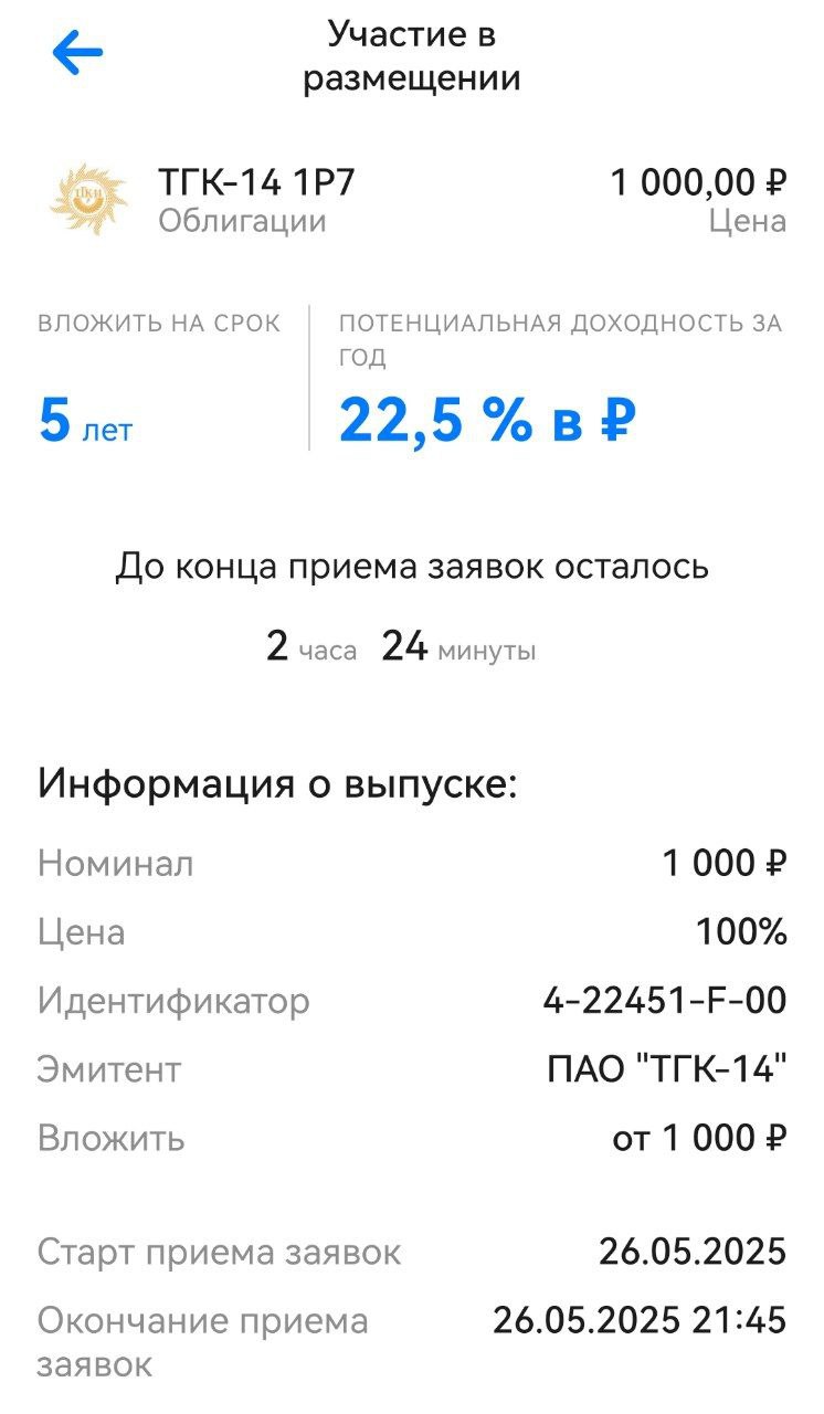 Ориентир купона по ТГК-14 снизили до 22-22,5%. Видимо ажиотаж очень большой. Желающих взять много и причина именно та, о которой я говорил. Многие ожидают снижение ставки. Есть ли смысл брать? При таком купоне апсайда в облигации нет! Единственная идея, которая в ней осталась, это снижение ставки. Хочу еще раз повторить, в такой облигации снижение ставки на 1% будет сразу приводить к росту на 4-5%. Вот именно поэтому много желающих ее купить сейчас. Я решил все-таки поучаствовать. Свою заявку я заменил. Подал новую, но на меньшую сумму, на 400 тыс, с купоном не ниже 22%. Держать планирую до конца года, если ставку реально начнут снижать летом.
