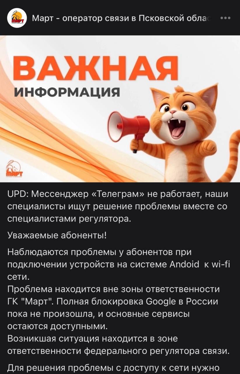 Telegram и Steam полностью упали в Псковской области. Как сообщают местные, один из провайдеров заблокировал доступ, но… неожиданно выкатил инструкцию, как обойти блокировку. Пользователи гадают — то ли дело в конкуренции между провайдерами, то ли началась волна блокировок ПО ВСЕЙ СТРАНЕ. На всякий случай переживаем