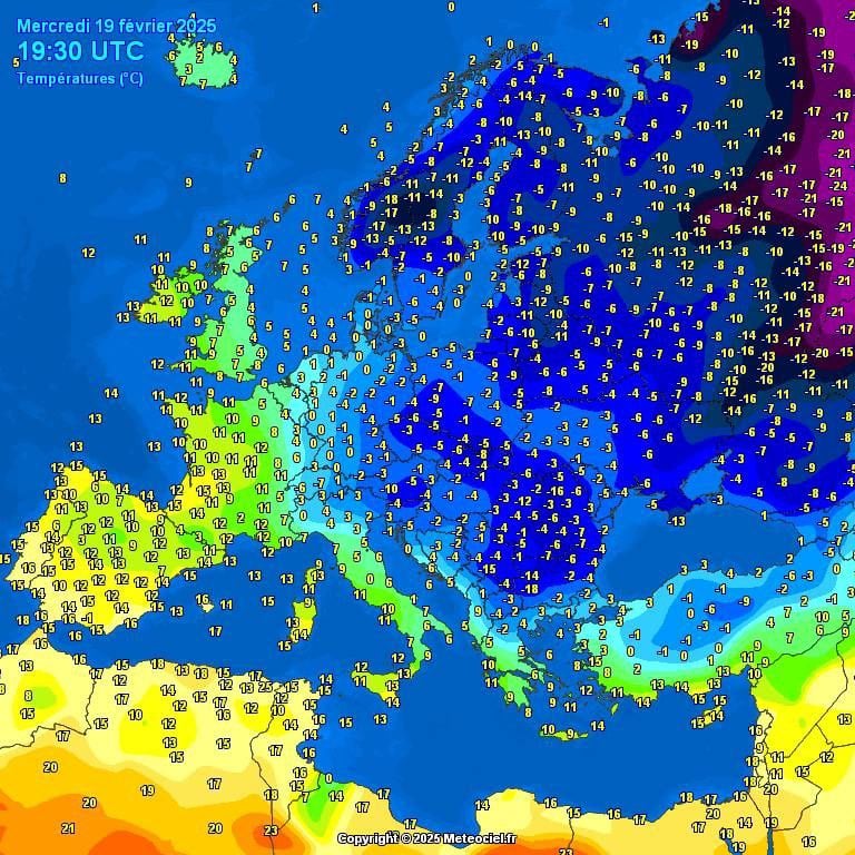 Воздух на метеостанции Храброво уже остыл до -12°С. Примечательно, что всего за 3 часа  с 16 до 19  температура обвалилась на 10°С  с 0 до -10°С , однако далее темпы выхолаживания замедлились  скорее всего, из-за лёгкого усиления ветра и небольшой облачности .  Не исключено, что к утру местами температура опустится ниже -15°С  !   Обратите внимание на карту температур  1 картинка  - морозами сейчас охвачен весь восток Европы, включая черноморское побережье. А на западе  Франция, Испания  - уже атлантическое тепло.