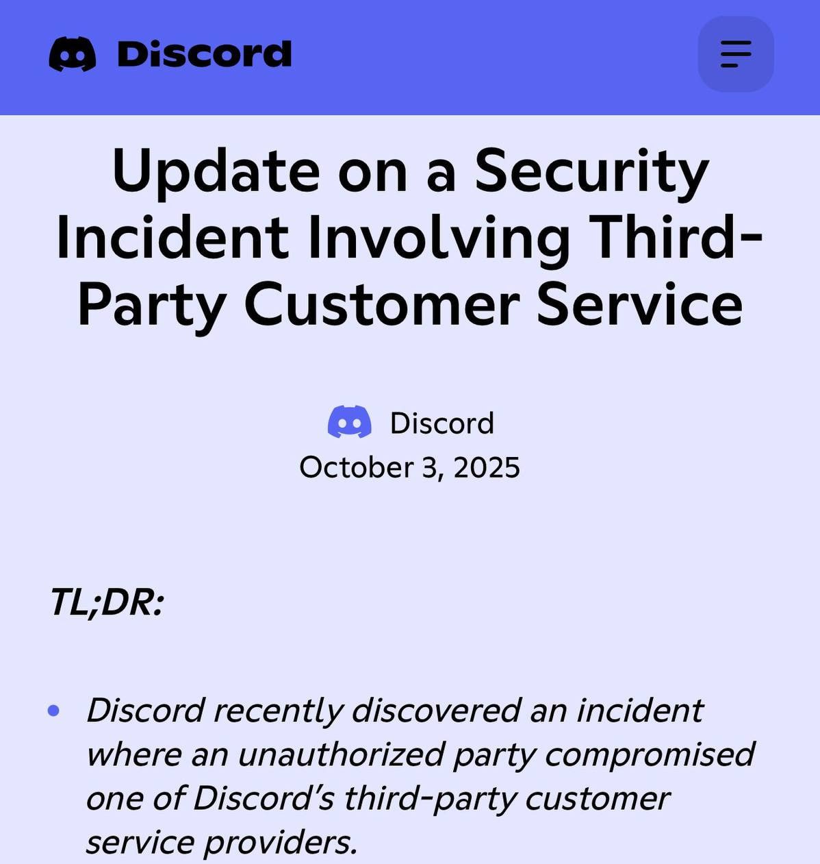 Хакеры ВЗЛОМАЛИ Discord и украли паспортные данные ВСЕХ пользователей которые писали в саппорт для подтверждения возраста Ситуация серьезная слили имена почты логины последние 4 цифры номеров карт и даже фотографии документов и самих пользователей Взлом прошел через подрядчика техподдержки Discord уже рассылает письма на почту пострадавшим и отозвала доступ подрядчика techmedia