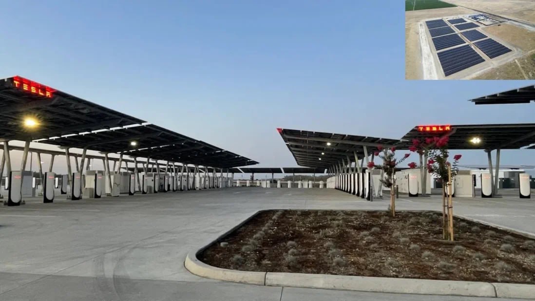 Tesla открыла первую автономную зарядную станцию на солнечной энергии Проект Oasis Superchargerбыл анонсирован еще в прошлом году, а теперь запущен в эксплуатацию в Калифорнии. Новая станция включает 168 зарядных терминалов, половина из которых уже доступна автомобилистам. На территории площадью около 12 гектаров установлены солнечные панели общей мощностью 11 МВт. Для хранения энергии используются 10 батарей Tesla Megapack общей ёмкостью 39 МВт·ч, благодаря чему станция может функционировать автономно, без подключения к городской электросети. Остальные терминалы и зона отдыха для водителей будут запущены позже в этом году.