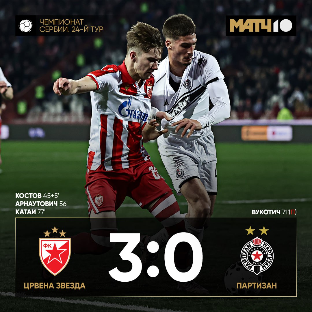 Црвена Звезда разгромила Партизан в сербском дерби Тикнизян сделал ассист Команда Деяна Станковича набрала серию из шести побед во всех турнирах В чемпионате она идет на первом месте с отрывом в четыре очка news matchtv