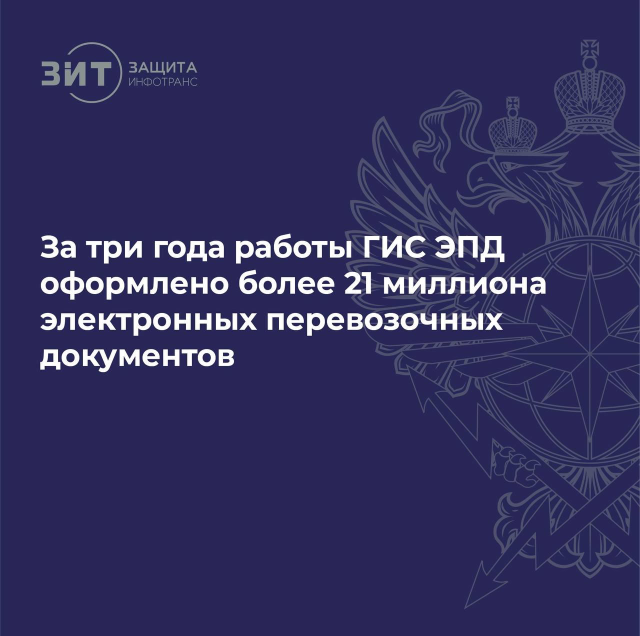 Государственная информационная система электронных перевозочных документов ГИС ЭПД Внедрена Минтрансом России 1 сентября 2022 года Разработчиком выступило ФГУП ЗащитаИнфоТранс Является ключевым элементом создаваемой национальной транспортно логистической платформы ГосЛог Обеспечивает безбумажный юридически значимый обмен данными между участниками рынка и государством Ежемесячно в системе оформляется более 1 600 000 документов За три года количество оформляемых в ГИС ЭПД электронных документов превысило 21 000 000 на текущий момент в системе оформлено более 16 млн электронных транспортных накладных и более 5 млн электронных путевых листов За три года в системе оформлено ЭПД на перевозку более 24 млн тонн грузов Благодаря активной работе по популяризации ЭПД к системе присоединяются крупнейшие игроки рынка Ключевые изменения с 1 сентября 2025 года Перечень ФОИВ имеющих доступ к оперативным данным ГИС ЭПД будет увеличен с 5 до 1 3 Заработает сервис подачи заявки на каботажную автомобильную перевозку груза для иностранных перевозчиков что упростит их работу на территории РФ Планы на будущее В этом году система пополнится двумя новыми типами документов для водного транспорта Согласно Федеральному закону 140 ФЗ с 1 сентября 2026 года оформление целого ряда документов станет обязательным в электронном виде К 2 0 3 0 году планируется перевести в электронный вид большинство перевозочных документов Сервис электронной очереди на пунктах пропуска подсистема ЭОПП Этот бесплатный сервис уже работает на четырех автомобильных пунктах пропуска АПП а с октября 2025 года заработает еще на одном ключевом направлении АПП Верхний Ларс на границе с Грузией На сегодня посредством портала резервирования ГИС ЭПД было подано более 6 5 0 0 0 0 заявок на проезд в системе зарегистрировано более 1 2 0 0 0 перевозчиков и более 4 0 0 0 0 транспортных средств Подробнее на нашем сайте