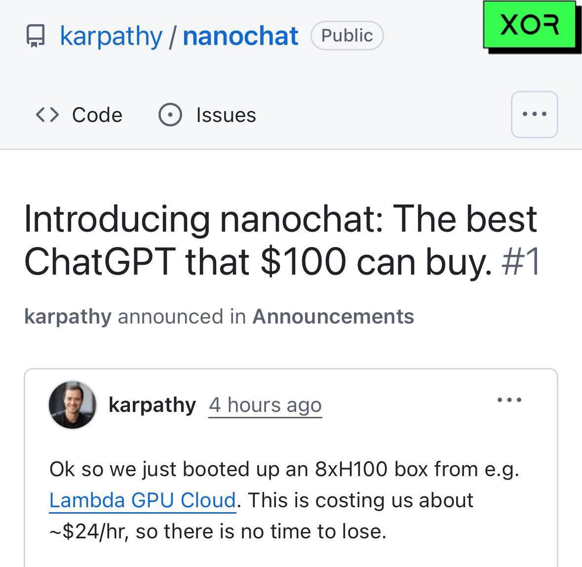 Карпаты выложил в опенсорс мини клона ChatGPT nanochat Один из создателей GPT Андрей Карпаты выложил nanochat проект с помощью которого можно собрать и обучить собственного чат бота с нуля за несколько часов на облачном GPU Внутри всего 8 000 строк кода без лишних зависимостей Сам Карпаты называет этот проект самым безумным что он когда либо писал Гитхаб здесь xor journal