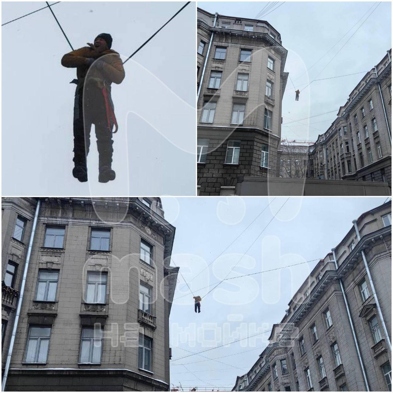 На улице Правды дворник сорвался с крыши и повис на проводах По словам очевидцев мужчина работал без страховки службы уже прибыли и оказывают помощь Эй Питер