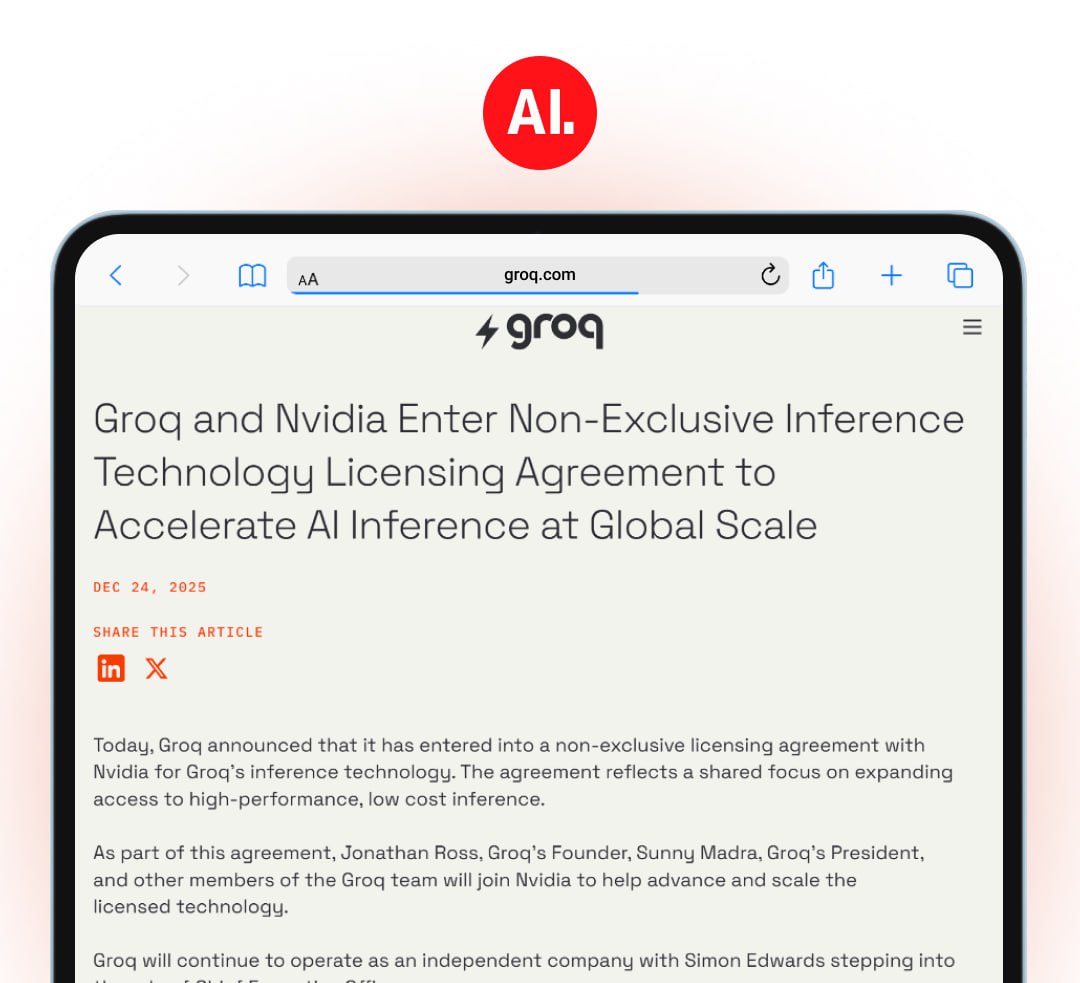 Nvidia выкупает технологии разработчика скоростных ИИ чипов Groq за 20 млрд Это самая дорогая покупка в истории компании Стартап останется независимым но по подписанному соглашению Nvidia получает лицензию на технологию обработки данных Groq а основатель Джонатан Росс и многие другие ключевые сотрудники перейдут в Nvidia Похожим образом Google выжал соки из Windsurf получив технологию и кадры при этом сам стартап вскоре купил Cognition