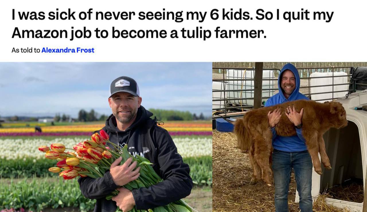 Менеджер Amazon поменял офис на поля и ферму всему виной выгорание Эндрю Миллер жил по распорядку 7 0 вставая в 4 утра ежедневно и работая по 70 часов в неделю В 50 лет он попрощался с офисом и стал заниматься разведением тюльпанов Сейчас он владеет фермой площадью в 17 футбольных полей Мечта к которой мы все стремимся