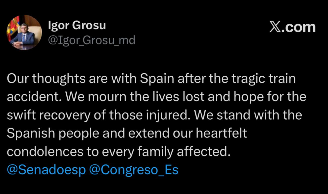 Спикер парламента Молдовы Игорь Гросу выразил соболезнования испанскому народу в связи с трагической железнодорожной катастрофой Глава законодательного органа подчеркнул что Молдова скорбит по погибшим надеется на скорейшее выздоровление раненых и выражает искреннюю поддержку семьям пострадавшим в этой трагедии