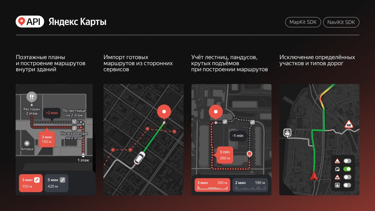 API Яндекс Карты добавили indoor-навигацию для бизнеса  В решениях API Яндекс Карт появились детальные поэтажные планы ТЦ и аэропортов Казахстана: более 150 объектов в крупнейших городах. Курьерам будет проще ориентироваться и находить нужные локации внутри зданий, а бизнесам — размечать расположение банкоматов, вендинговых аппаратов, зарядных станций и др.  Помимо этого, в обновлениях:  — Поддержка пеших маршрутов с учётом эскалаторов, лестниц и пандусов — Поддержка бесшовного переноса маршрутов из сторонних сервисов — Возможность исключения  ж/д переездов, тоннелей, шоссе итд из маршрута — Индикация комфорта пешего маршрута под определенную погоду  Как итог — рост комфорта работы курьеров, повышение качества сервиса и эффективности доставки.  Подробнее — по ссылке  #партнерскийпост