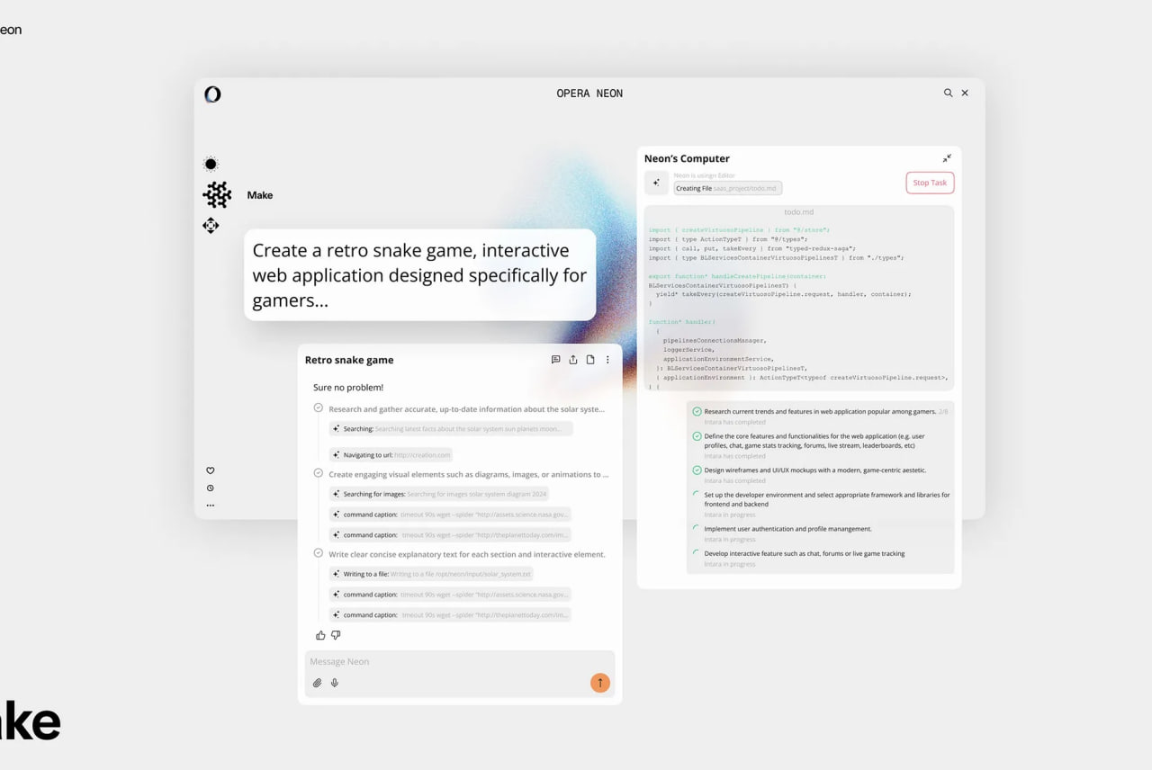 Opera представила первый браузер с встроенным ИИ-агентом Neon Компания Opera анонсировала уникальный браузер Neon, оснащенный ИИ-ассистентом. Этот помощник способен выполнять задания во время вашего сна, включая написание кода, покупку билетов и бронирование отелей, а также шопинг в интернете. Пока доступ к браузеру можно получить только по приглашению. Присоединяйтесь к вейтлисту здесь. ———————————————— - Канал про тренды из мира IT, технологий, нейросетей и бизнеса.