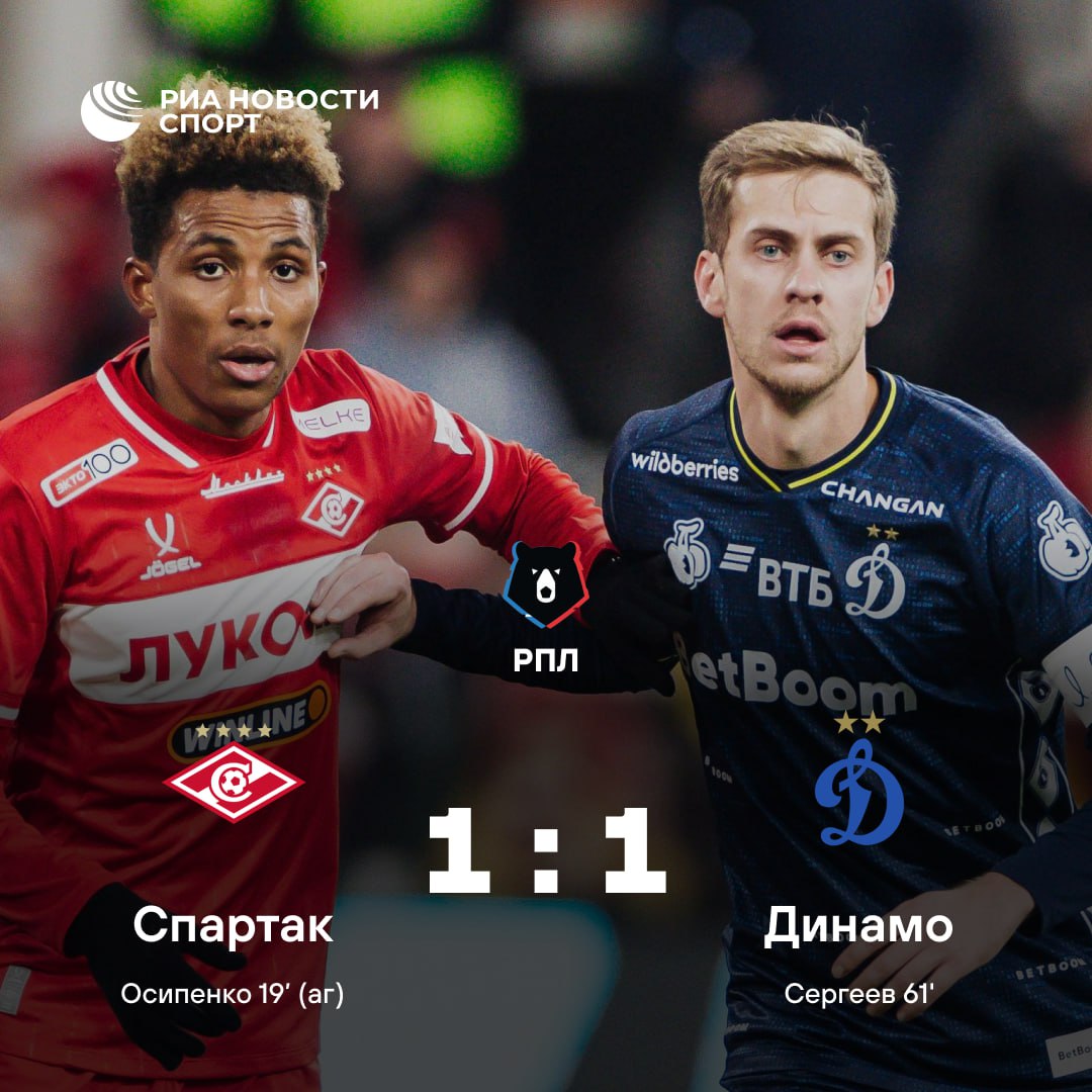 Спартак и Динамо сыграли вничью в московском дерби В матче забивали только динамовцы При этом голы Тюкавина и Маричаля были отменены после просмотра VAR Спартак уходит в отпуск на 6 м месте а Динамо на 10 м Подписывайтесь на РИА Новости Спорт в MAX