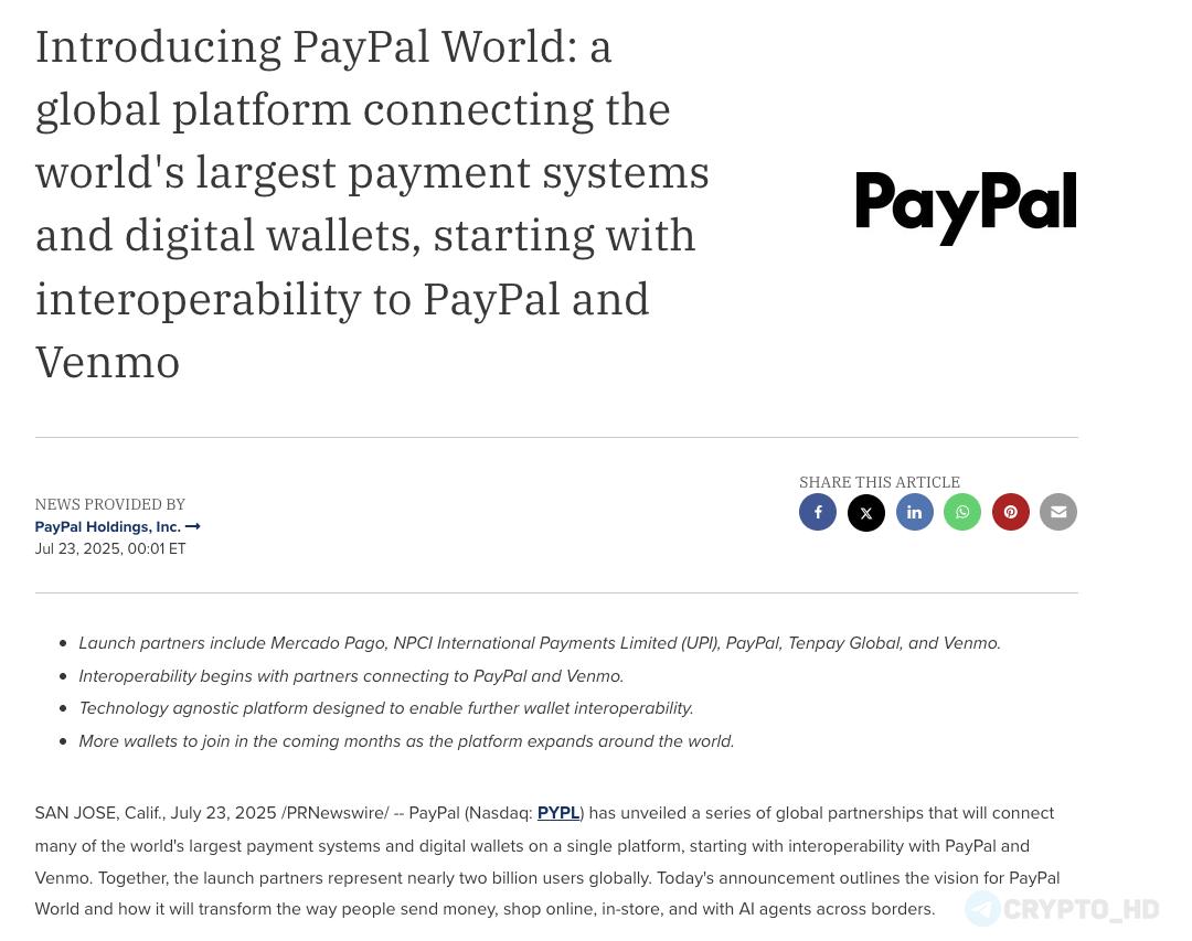 #pyusd Компания PayPal официально представила PayPal World - глобальную платформу, которая объединит крупнейшие платёжные системы и цифровые кошельки. Ранее: - PYUSD на Arbitrum - PYUSD на Stellar Crypto Headlines
