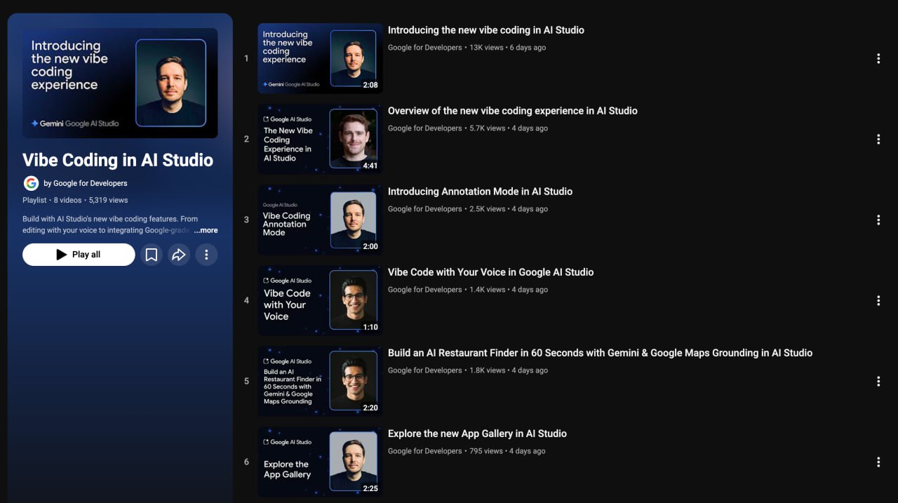 Вайбкодим как профи Google выпустили бесплатные курсы по программированию с нейронками В коротких роликах рассказывают как выжать максимум из ИИ инструмент в AI Studio Учат работать с API и помогают собрать свое первое приложение Смотрим здесь