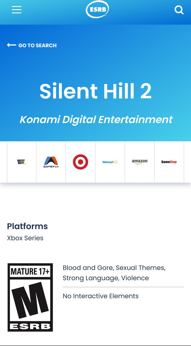 Silent Hill 2 Remake наконец то получила рейтинг от ESRB для Xbox Series Похоже анонс и релиз состоится уже совсем скоро