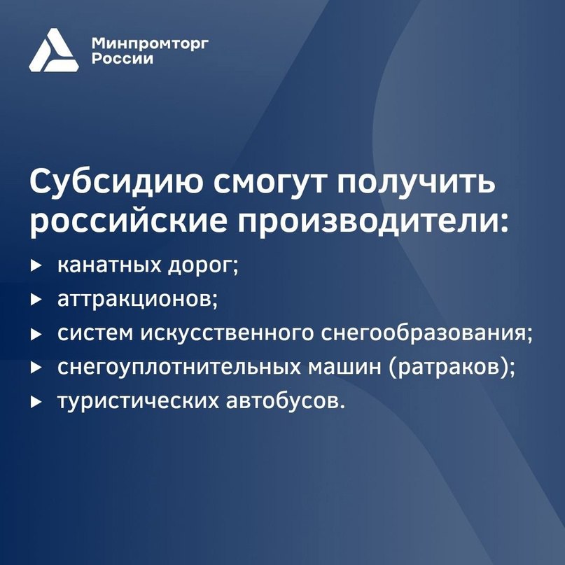 Министерство промышленности и торговли РФ  VK   Минпромторг России поддержит отечественных производителей туристической продукции  В федеральном проекте «Промышленное обеспечение туризма», который курирует Минпромторг России, предусмотрена мера поддержки в виде субсидии.  Российские производители при предоставлении скидки потребителям смогут получить возмещение недополученного дохода. Для каждой категории продукции Минпромторг России установил предельный размер скидки.  Мера поддержки поспособствует повышению спроса на отечественную туристическую продукцию. Важнейший критерий для участия в отборе — наличие продукции в реестре российской промышленной продукции Государственной информационной системы промышленности  ГИСП .   Первичный отбор на получение субсидии запланирован на март 2025 года.