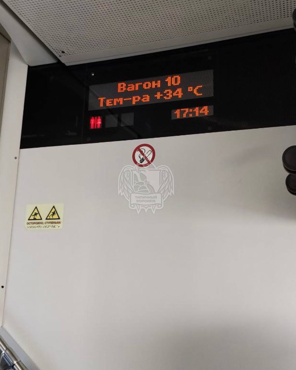 Пассажиры поезда Москва – Воронеж пожаловались на невыносимую жару   Горожане уверяют, что они буквально задыхаются в вагонах. Температура в купе достигает +34.    По словам пассажиров, в поезде №738 не работает система вентиляции. Проводники якобы бездействуют. Выпить холодную воду невозможно – кулер её не охлаждает.    Фото: Типичный Воронеж