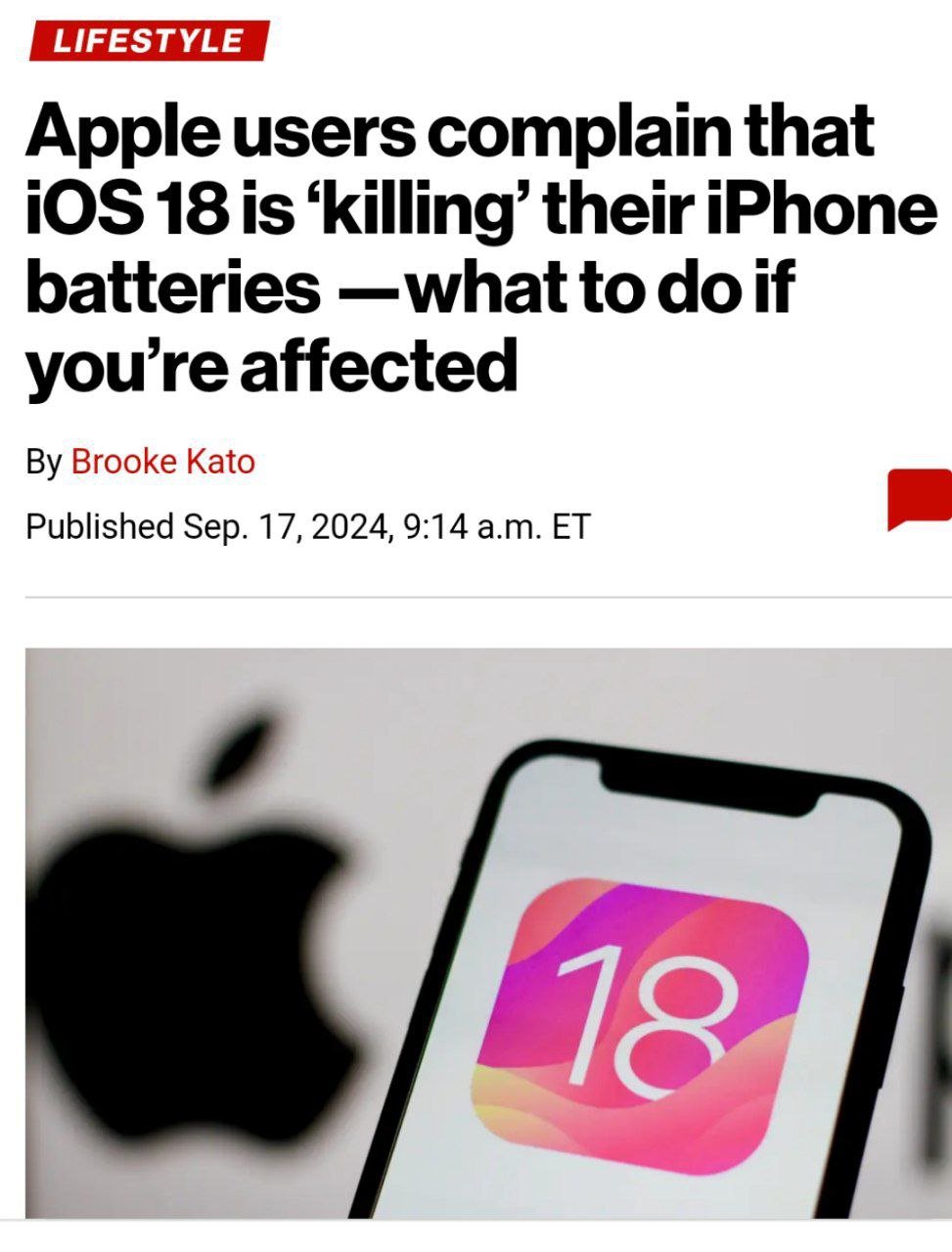 iOS 18 «убивает» батареи iPhone, — сообщает The New York Post.  Пользователи жалуются, что даже если почти не юзать смартфоном, он садится до 67% за пару часов.   Цена за перекрашивание иконок оказалась слишком велика.