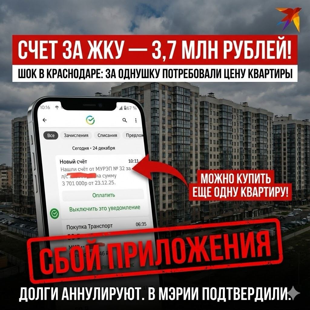 Коммуналка по цене квартиры Жительнице Краснодара пришел счет за ЖКУ на 3 7 миллиона рублей Владелица однушки в Юбилейном микрорайоне обнаружила в банковском приложении неожиданное предложение Оплатить платежку за декабрь на сумму 3 701 000 рублей В управляющей компании от счета открестились Объяснили что передавали в банк корректные данные а появление шести нулей ошибка алгоритмов В мэрии информацию подтвердили это массовый технический сбой Продавать жилье ради оплаты услуг не придется цифры скоро исправят Компенсацию за потраченные нервы правда никто не обещал А вы проверяете цифры в квитанциях или платите не глядя Проверяю каждую копейку Плачу не глядя теперь буду бояться Подписаться на kpkuban Читать нас в MAX