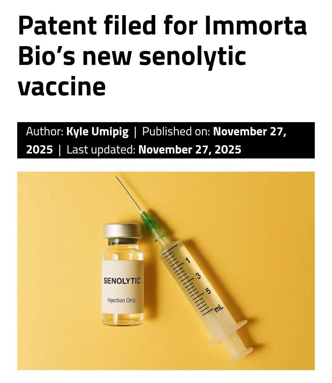 Продолжительность жизни увеличена на несколько десятков лет пишут зарубежные СМИ Биотех компания Immorta Bio из США представила первую в мире сенесцентную вакцину SenoVax обучающую иммунитет уничтожать старые клетки которые ускоряют болезни и создают условия для рака Сейчас препарат готовят к первым испытаниям на людях при успехе он может полностью изменить рынок долголетия и подход к лечению возрастных болезней investingcorp