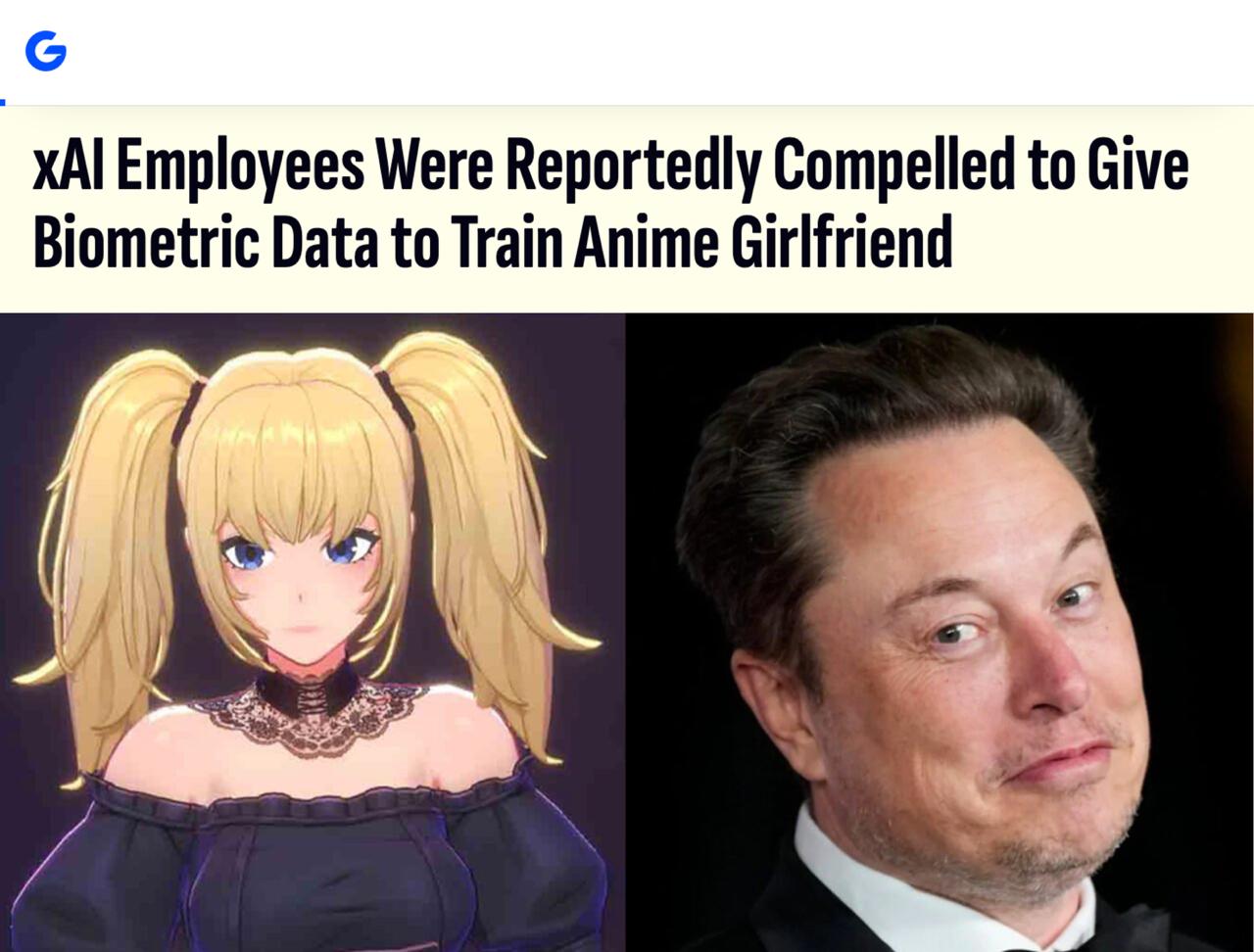 В xAI компания Маска сотрудниц заставили сдать биометрию лица голоса манеры и дать все права компании Через 3 месяца в Grok вышла Ani нейро девушка в стиле аниме В чате она раздевается флиртует голосами и с манерами тех самых сотрудниц буквально Маск собрал вайфу из девушек айтишниц xAI concertzaal