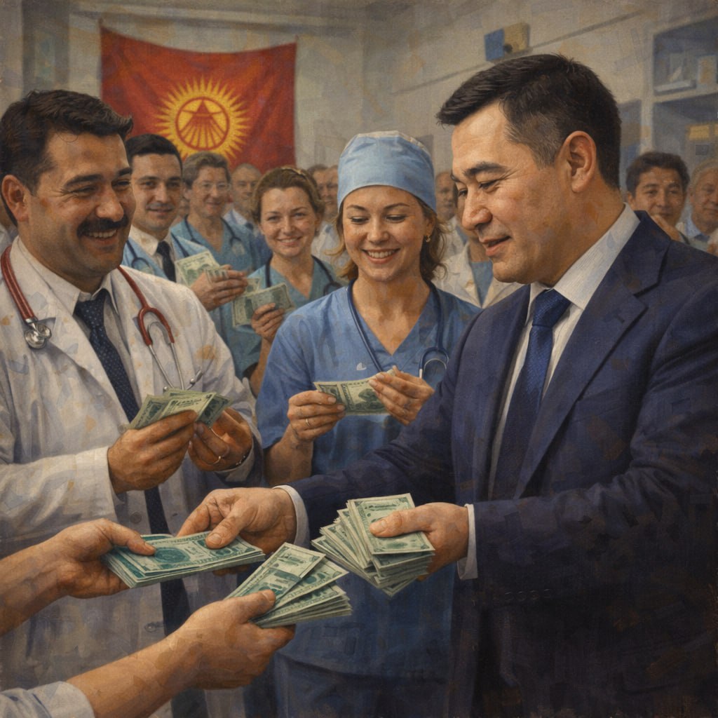 Жапаров пообещал врачам и учителям плюс 100 к зарплате с апреля 2026 го С 1 апреля 2026 года в Кыргызстане вдвое повысят зарплаты педагогам и медикам в среднем на 100 заявил Садыр Жапаров на Народном курултае Учителя в среднем будут получать около 52 тыс сомов вместо 26 тыс врачи 62 5 тыс вместо 31 5 тыс сомов на руки примерно 50 тыс за счет президентской компенсационной выплаты Президент привел примеры молодой учитель в городе будет получать 36 8 тыс сомов а опытный преподаватель в высокогорье до 97 6 тыс В медицине начинающий врач в городе сможет получать около 35 5 тыс на руки а врач высшей категории в горном районе примерно 75 7 тыс Также вырастут зарплаты артистов тренеров а техперсоналу обещают плюс 80 за счет допвыплаты в 5 тыс сомов НЕРУШИМЫЕ