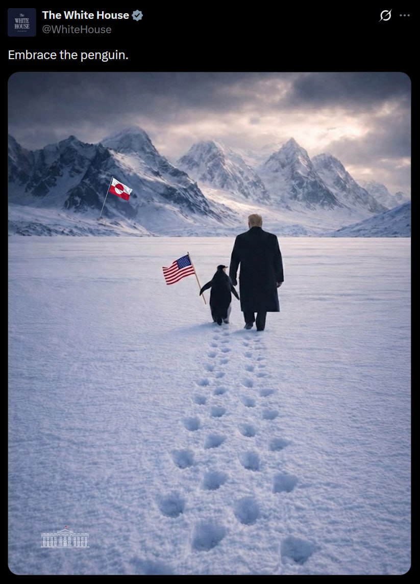 Обними пингвина пост с такой подписью опубликовал Белый дом в соцсети Х На фото Трамп идет по снегу вместе с пингвином который держит в крыльях американский флаг президент США со своим спутником направляются в сторону Гренландии Ранее Дональд Трамп заявил что сделка по Гренландии будет гораздо более выгодной и щедрой для США по сравнению с текущей ситуацией Также после подписания устава Совета мира по Газе он утвердительно кивнул в ответ на вопрос о том возьмет ли он под контроль Гренландию IZ RU в Telegram в MAX