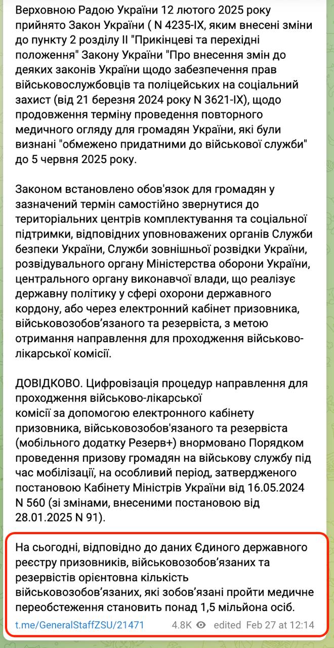 В Украине до сих пор не явились на медкомиссию полтора миллиона ограниченно пригодных к службе, сообщает Генштаб.  Там напоминают, что им продлили до 5 июня возможность пройти ВВК.  "На сегодняшний день, согласно данным Единого государственного реестра призывников, военнообязанных и резервистов, ориентировочное количество военнообязанных, которые обязаны пройти медицинское переобследование, составляет более 1,5 миллиона человек", - говорится в сообщении.  Сайт "Страна"   X/Twitter   Прислать новость/фото/видео   Реклама на канале   Помощь