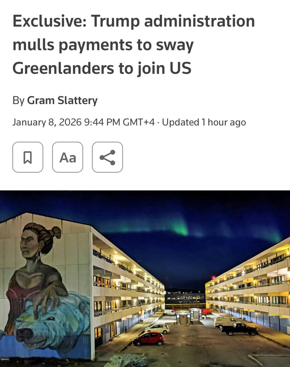 Согласно данным Reuters американские власти изучают вариант предоставления финансовой поддержки населению Гренландии в размере от 10 до 100 тысяч Это делается для того чтобы побудить их к обретению независимости от Дании и возможно к объединению с Соединёнными Штатами