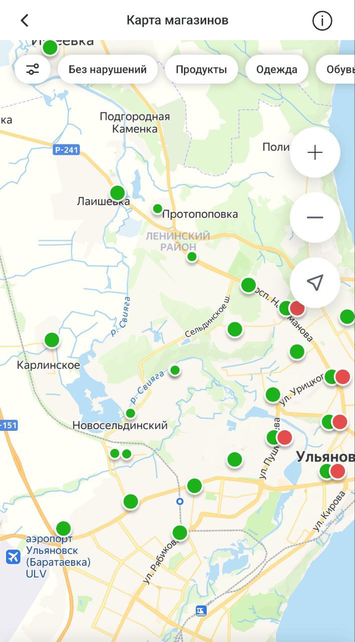 В мобильном приложении Честный Знак появилась интерактивная карта с рейтингом магазинов по всей России Потребители могут выбрать торговые точки которые не продают контрафакт и избегать нарушителей торговли с нелегальными товарами О найденных нарушениях можно сразу сообщить в Роспотребнадзор в приложении для этого есть специальная кнопка В приложении можно задать категории товаров и выбрать магазин с высоким рейтингом Сейчас отображается более 680 тыс торговых точек по всей стране ограничений по регионам нет карта доступна для любого пользователя при наличии интернета и включенной геолокации Вместе с картой встроен рейтинг магазинов Зеленый цвет означает что торговая точка зарегистрирована в системе маркировки проверяет товары по разрешительному режиму и за последние 6 месяцев не имела подтвержденных Роспотребнадзором жалоб покупателей на продажу немаркированной продукции Красный свидетельствует о невыполнении требований Рейтинг магазинов обновляется ежедневно