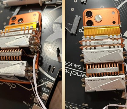 iPhone 17 Pro Max с пятью SSD радиаторами показал ощутимый прирост производительности Новые флагманские смартфоны iPhone 17 Pro и 17 Pro Max получили мощный процессор Apple A19 Pro Чтобы эффективно отвести от него тепло внутрь поставили испарительную камеру Однако некоторым этого показалось мало Пользователь Reddit с ником TK Tronix решил проверить насколько производительнее и стабильнее станет iPhone 17 Pro Max если поставить на заднюю крышку смартфона пять SSD радиаторов с тепловыми трубками