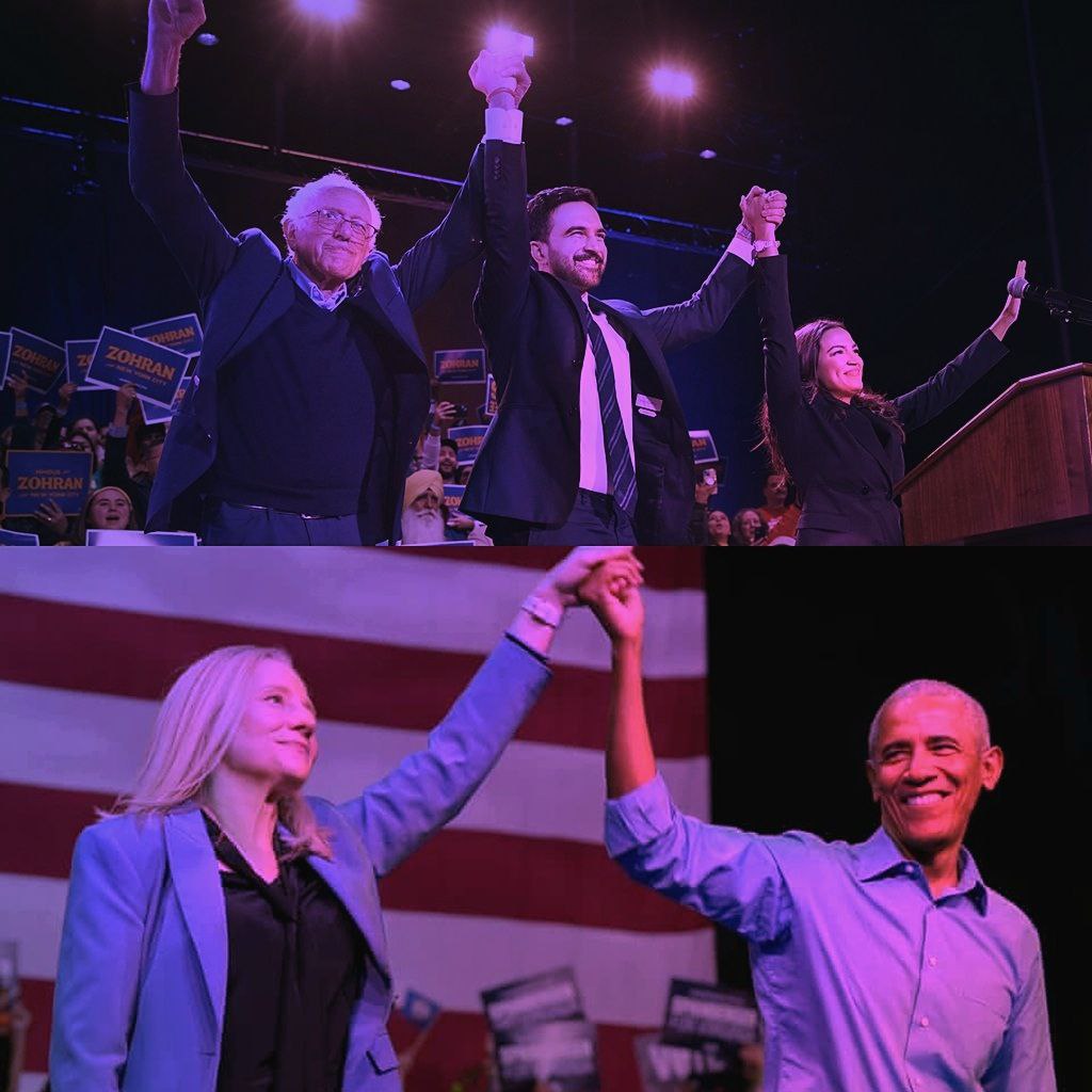 Маленький момент символизирующий текущий раскол в Демпартии За три дня до губернаторских выборов в Вирджинии и Нью Джерси кандидатки демократки собрали на предвыборных мероприятиях огромные группы поддержки из известных однопартийцев Среди них экс президент Обама губернатор Пенсильвании Джош Шапиро сенаторы от Аризоны Марк Келли и Рубен Гальего губернатор Мэриленда Уэс Мур бывший министр транспорта при Байдене Пит Буттеджич и другие Большинство потенциальные претенденты на президентских выборах 2028 года Однако одни из самых популярных фигур партии Берни Сандерс и Александра Оказио Кортез намеренно не были приглашены Вместо этого они посетили большой совместный митинг кандидата в мэры Нью Йорка Зохрана Мамдани Центристская и прагматичная Демпартия против левой популистской Посмотрим кому удача улыбнется 4 ноября больше Хотя велика вероятность что Демократы выиграют все эти гонки и центристы с левыми останутся ровно на тех же позициях