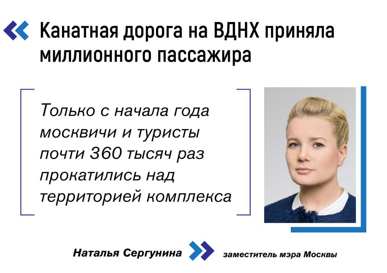 "Воздушный трамвай" на ВДНХ принял миллионного пассажира. Им стала жительница Крыма Ольга Лобанова. Она приехала в столицу на несколько дней вместе со своим мужем и двумя детьми. В качестве памятного подарка Ольга получила: фрагмент каната "Воздушного трамвая", сувениры; тур "Москва с высоты", куда входит посещение Останкинской телебашни и других смотровых площадок города. Воздушный трамвай открылся на ВДНХ в августе 2024 года. За час аттракцион может перевозить до тысячи человек, рассказала заммэра Наталья Сергунина. Наибольшее количество поездок в этот период пришлось на январь — 126 тысяч. #контекст Длина аттракциона составляет 769 метров, он соединяет станции "Южная" у главного входа и "Северная" рядом с фонтаном "Каменный цветок". С высоты 32 метров открывается вид на архитектуру и парк главной выставки страны. Канатная дорога является частью семейного тематического парка "Орион", который недавно получил национальную премию "Парки России" в номинации "Парк года". Фото: Пресс-служба ВДНХ