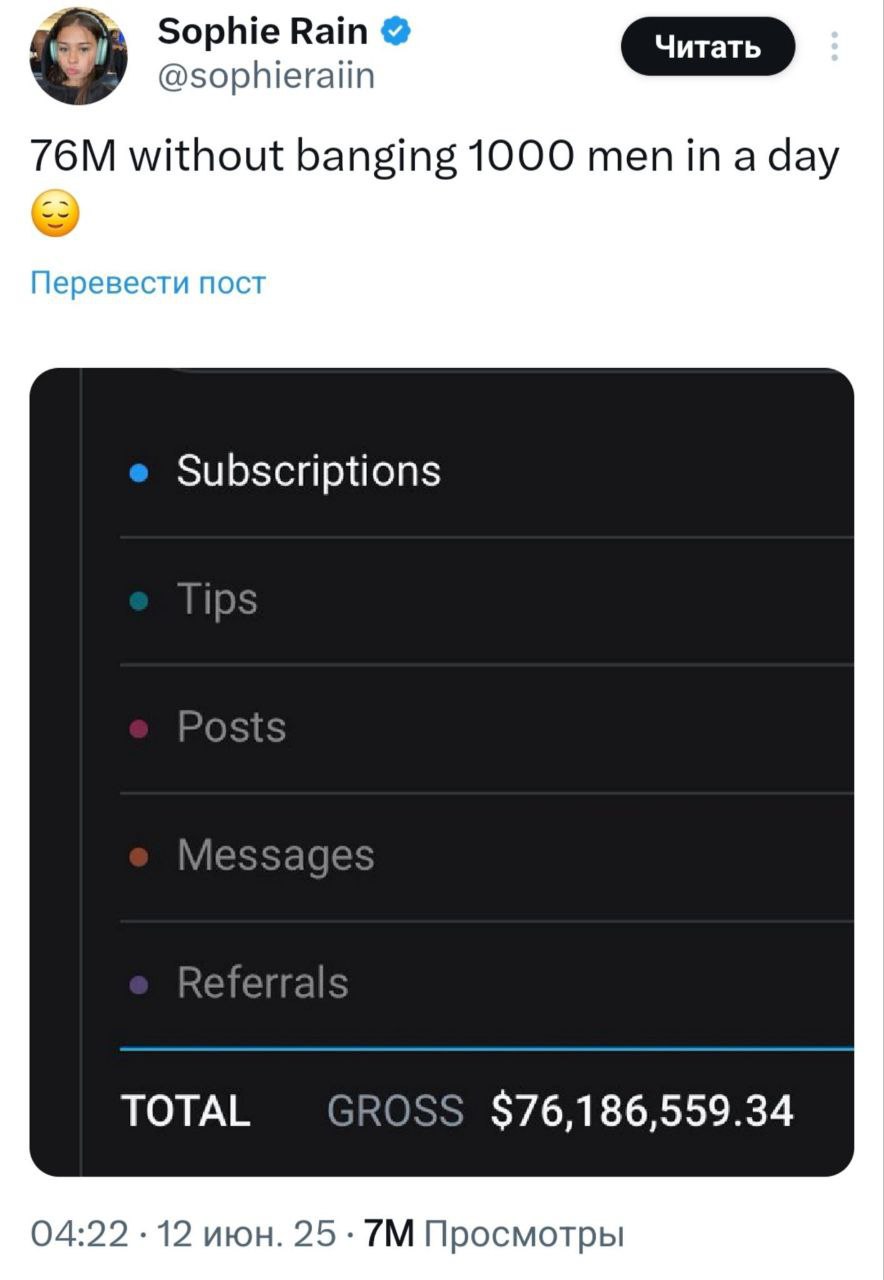 20-летняя модель Софи Рейн показала скриншот своих доходов с OnlyFans: за полтора года она заработала $76 млн около 6 млрд рублей . Ранее Софи уже покупала на заработанное частный самолёт и особняк. Теперь утверждает, что все её успехи «благодаря интернету и усердию».