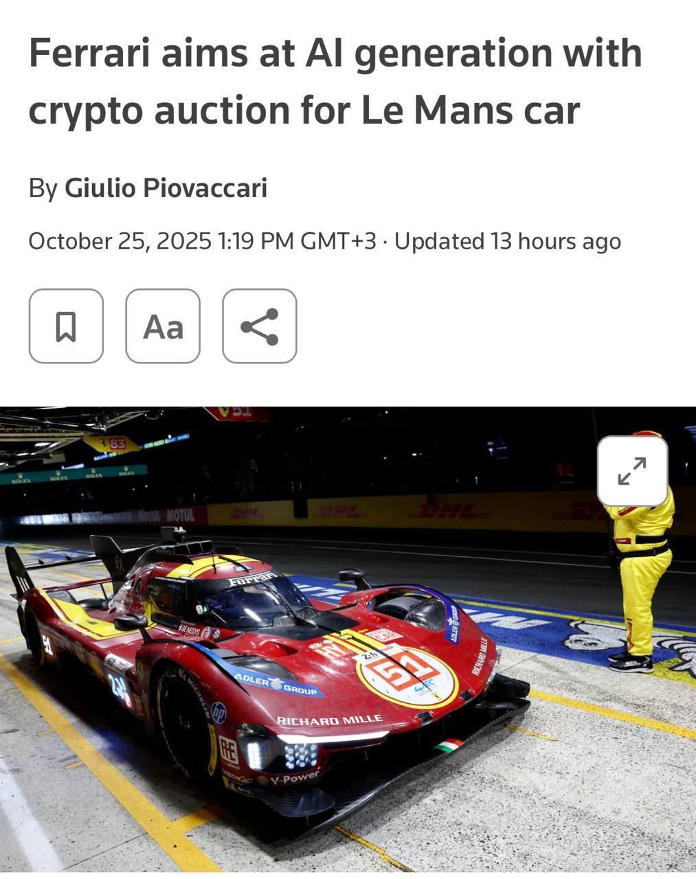 Ferrari выходит на крипторынок чтобы привлечь молодых миллионеров сообщает Reuters Компания готовит к запуску собственный цифровой токен Ferrari 499P Его владельцы смогут принять участие в эксклюзивном аукционе по продаже одноименного гоночного болида Ferrari 499P который одержал победу в трех подряд гонках Ле Ман