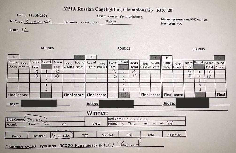 Судейские записки в бою Токов vs Нагибин. На всех трех карточках 2 раунда из 3 забрал Тимур.