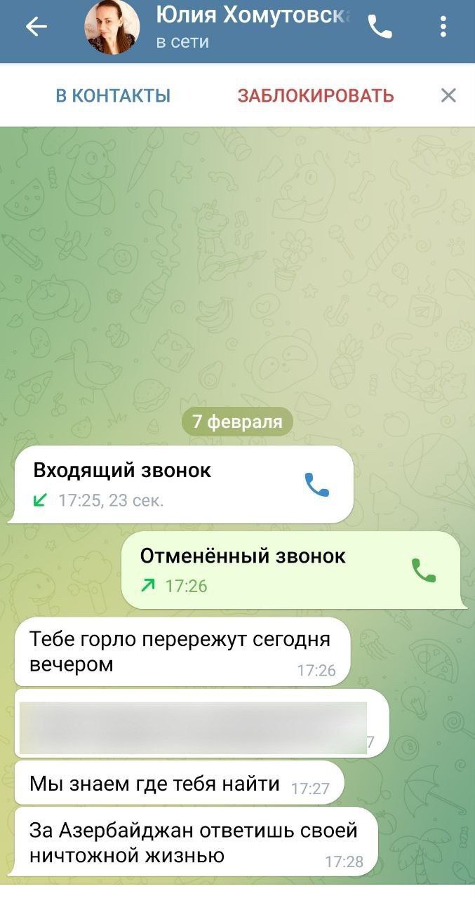 Угрозы продолжаются. Эту девушку мы отсмотрели в ВК. Зовут ее Ольга Кириллова, и у нее в друзьях много Фархадов. Под плашкой - мой адрес. Я ещё раз повторю: диаспоры - зло, и я, разумеется, буду и дальше работать на то, чтобы их не было. Однако я бы хотела просто посмотреть на азербайджанского журналиста, правозащитника, доверенное лицо президента, наконец, которому бы в Азербайджане вот так же угрожали бы представители русской диаспоры. Думаю, это - из области фантастики. А заявления в СК, кончено, пишутся, и Ольге с ее Фархадами я даже не завидую