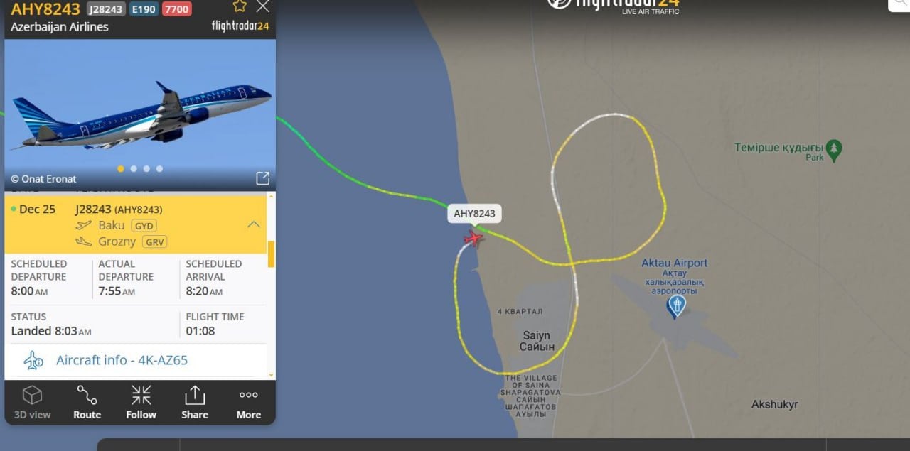 Самолёт "Азербайджанских авиалиний", летевший из Баку в Грозный, упал в аэропорту казахстанского Актау.  О странном курсе самолёта, выполнявшего рейс, сообщает Orda.