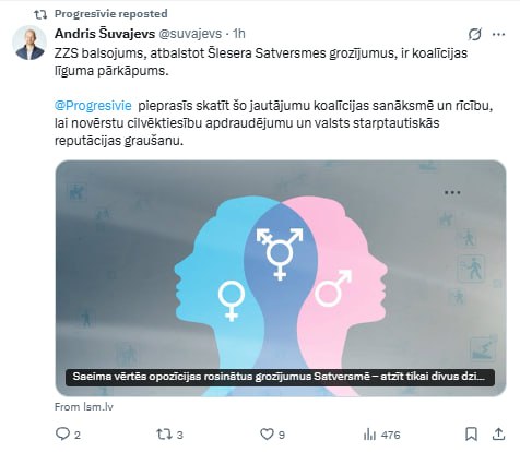 Депутат от "Прогрессивных" усмотрел нарушение коалиционного соглашения во время голосования о поправках в Конституцию После того, как сегодня латвийским Сеймом была принята поправка о закреплении положения о существовании только двух полов, депутат от либеральной партии Андрис Шуваев обвинил "Зеленых и крестьян" в предательстве коалиции. Весь состав правой партии проголосовал "за", что по мнению Шуваева является "нарушением прав человека" и "портит международный имидж страны". Как и ожидалось, ценностный раскол либералов, националистов и консерваторов неизбежен, а любая коалиция в латвийских органах власти исторически строится на желании не допустить к власти русскоязычных и левые силы, способные их защитить. Движение признано экстремистским и запрещено в РФ.