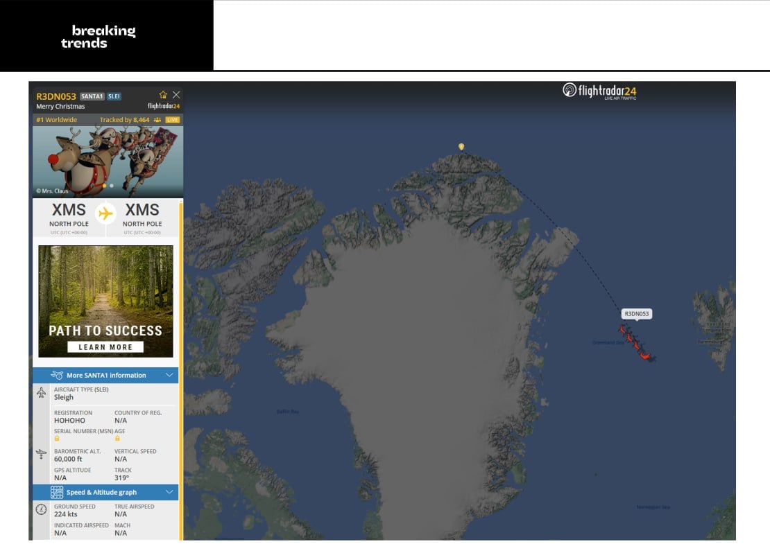 На популярном сервисе для отслеживания авиаперелетов появился рейс Merry Christmas, который символизирует начало Нового года.   Финальная точка маршрута для упряжки с оленями —аэропорт Северный полюс Санты.    Breaking Trends