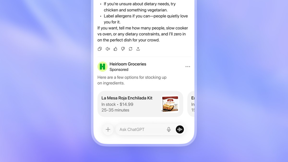 OpenAI начала тестировать рекламу в ChatGPT среди пользователей бесплатной версии и тарифного плана Go в США По словам компании вся реклама маркируется и не влияет на ответы чат бота vc ru chatgpt 2729941