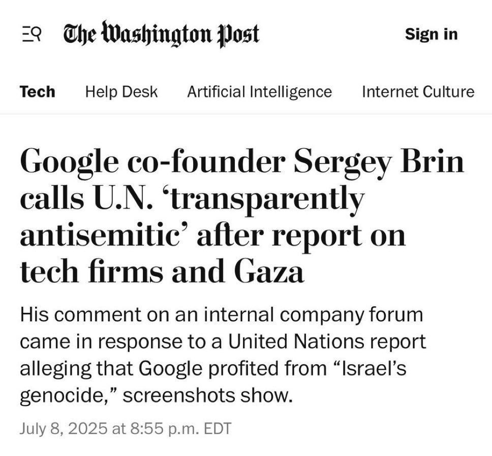 Соучредитель Google и представитель семьи еврейских математиков Сергей Брин назвал ООН «откровенно антисемитской»: «Ситуацию в Газе нельзя назвать геноцидом, потому что это „глубоко оскорбительно“ для еврейского народа».