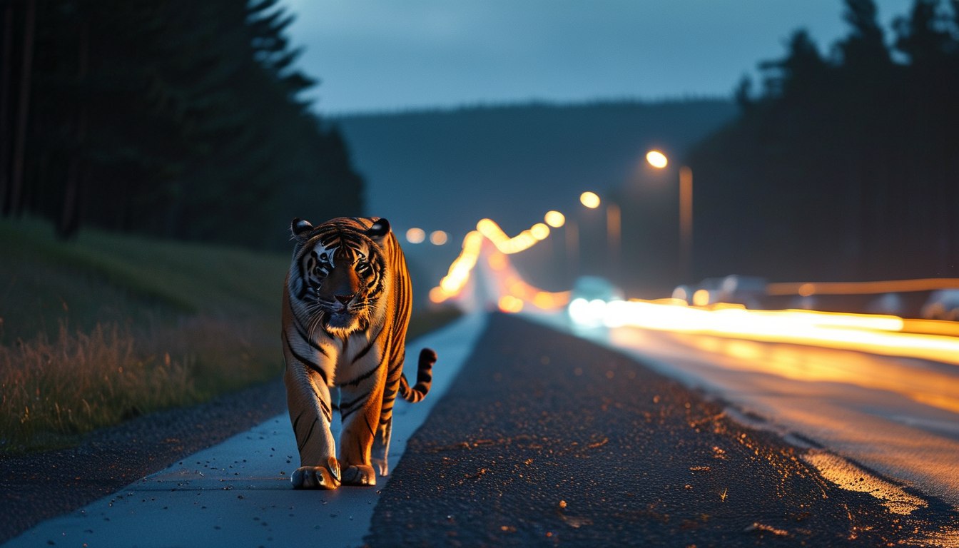 Тигр пересек дорогу возле жилого массива в Приморье Ночью в Заводском районе Артемовского округа тигр перебежал дорогу перед движущимся автомобилем Водителю пришлось экстренно затормозить Местные жители сообщили о появлении животного вблизи жилой застройки полиция рекомендовала не выходить в лес и соблюдать осторожность На место прибыли сотрудники полиции однако тигр не найден Информация передана всем заинтересованным службам