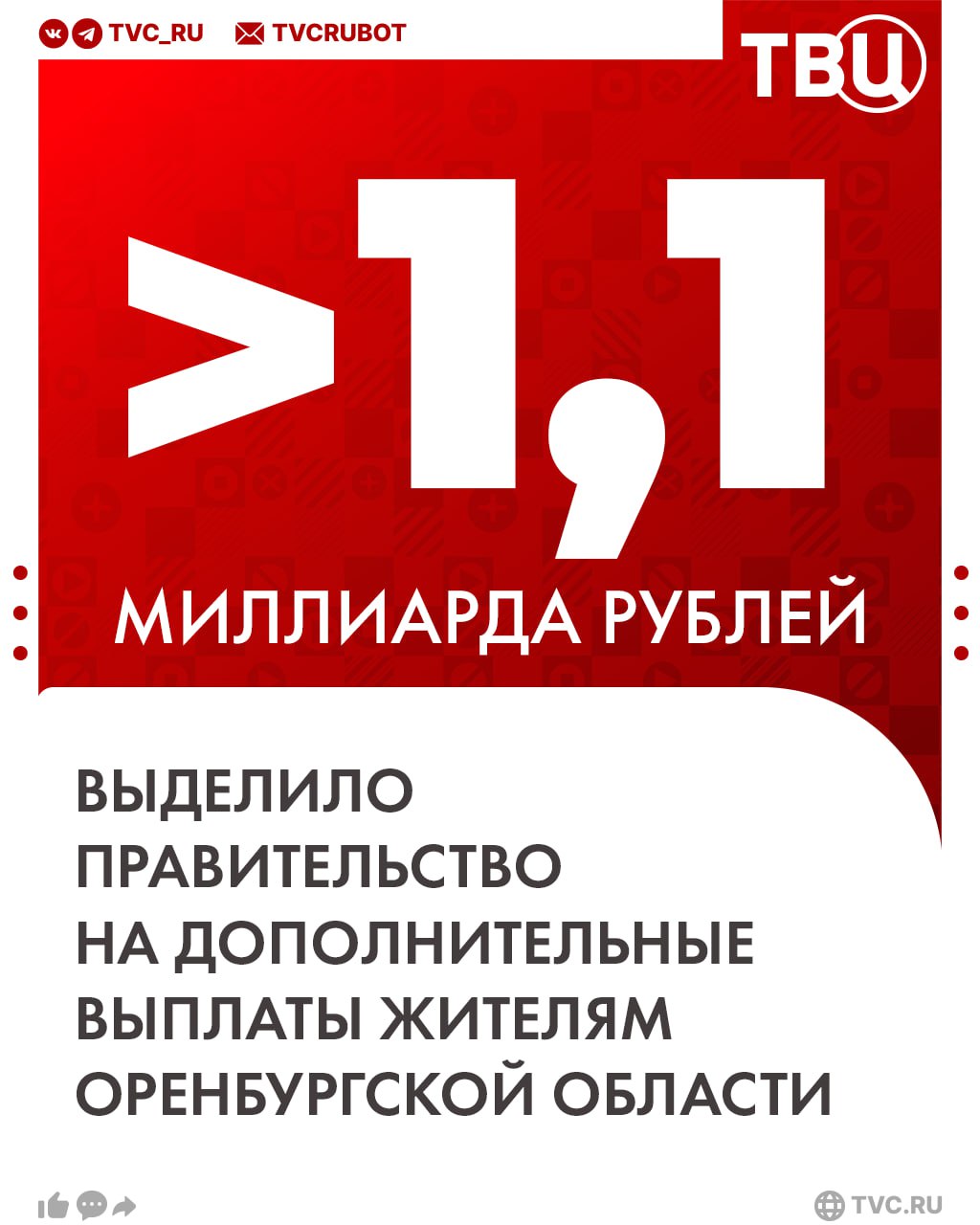 Правительство выделило более 1,1 миллиарда рублей на дополнительные выплаты жителям Оренбургской области, пострадавшим от паводка.  Речь идёт об индексации выплат, которые пострадавшие жители Орска и других городов Оренбуржья получили в апреле.   Это связано с тем, что в июле 2024 года размеры выплат для людей, пострадавших от стихийных бедствий, были увеличены в 1,5 раза.